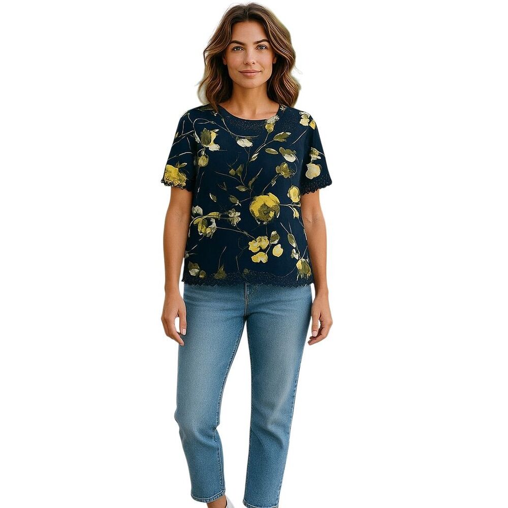 Chances R Women's Floral Open Cutwork Blouse M Multicolor Navy Blue Short Sleeve